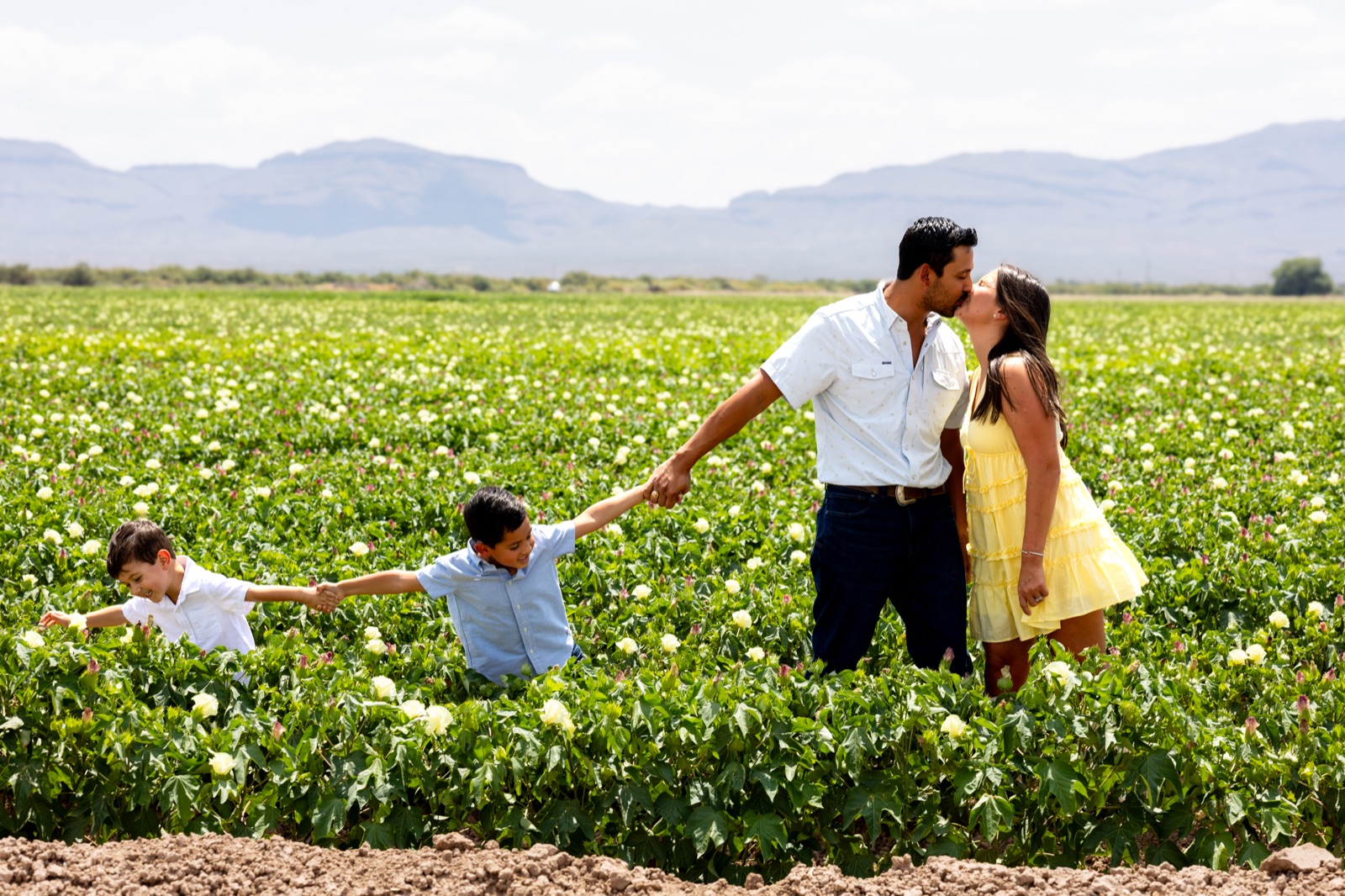 A family holding hands in a green field